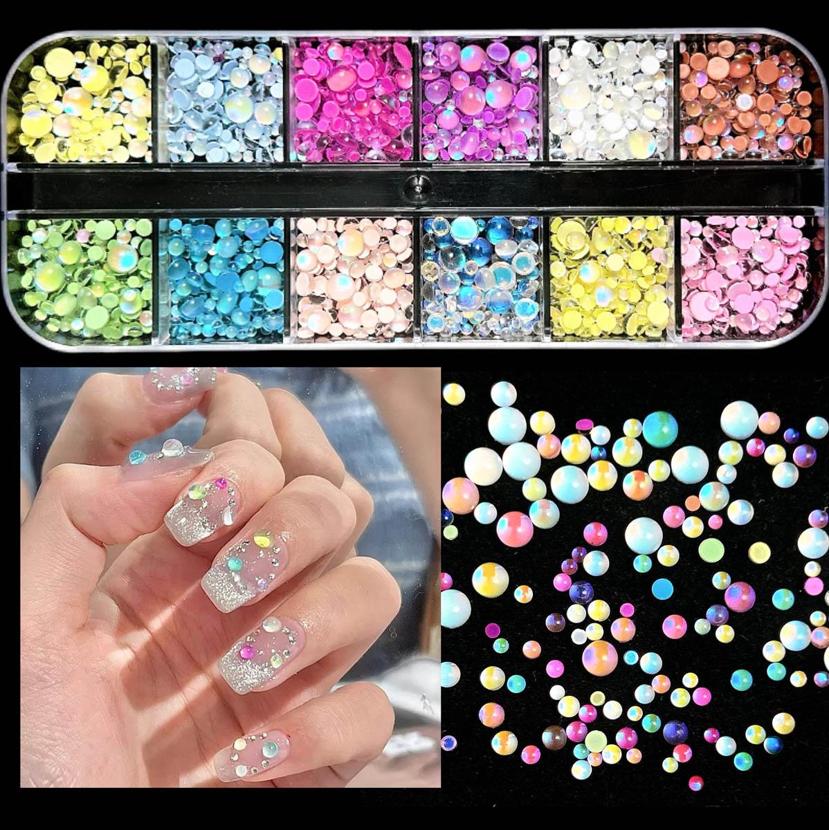 1Box Novelty Creative Translucent Mermaid Tear Bead Nail Charms Multiple Colors Flat Bottomed Bubble Bead Nail Art Decorations for Women DIY Pnene Case Nails Crafts
