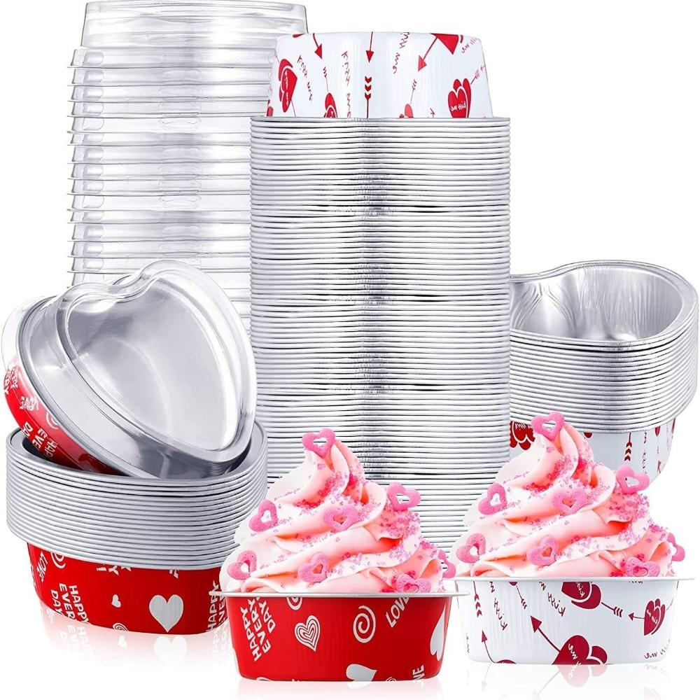 50 Pcs 3.4 oz Heart-Shaped Mini Cakes Desserts Molds with Lids and Featuring a Heart Pattern, Baking cups, Muffin Tins, Cake Cups Suitable for Parties, Weddings and Birthdays