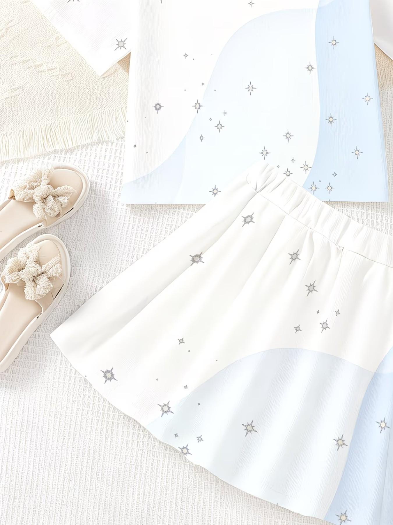 Girls' 3D Printed Top and Skirt Set, Casual Slim-Fitting Summer, Round Neck Short Sleeve, Daily Wear, Two-Piece Ensemble