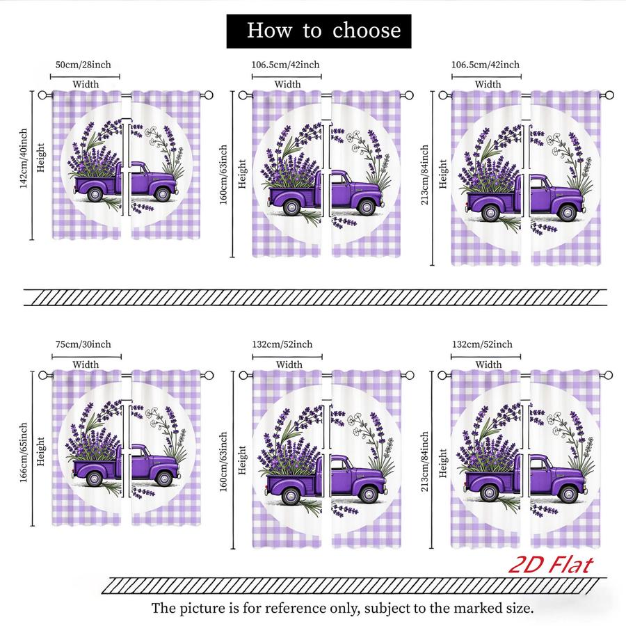2Pcs Farmhouse Plaid Lavender Truck Floral Sun Blocking Curtains Digital Printed Rod Pocket, Window Treatment For Bedroom Office Kitchen Living Room Study Home Decor