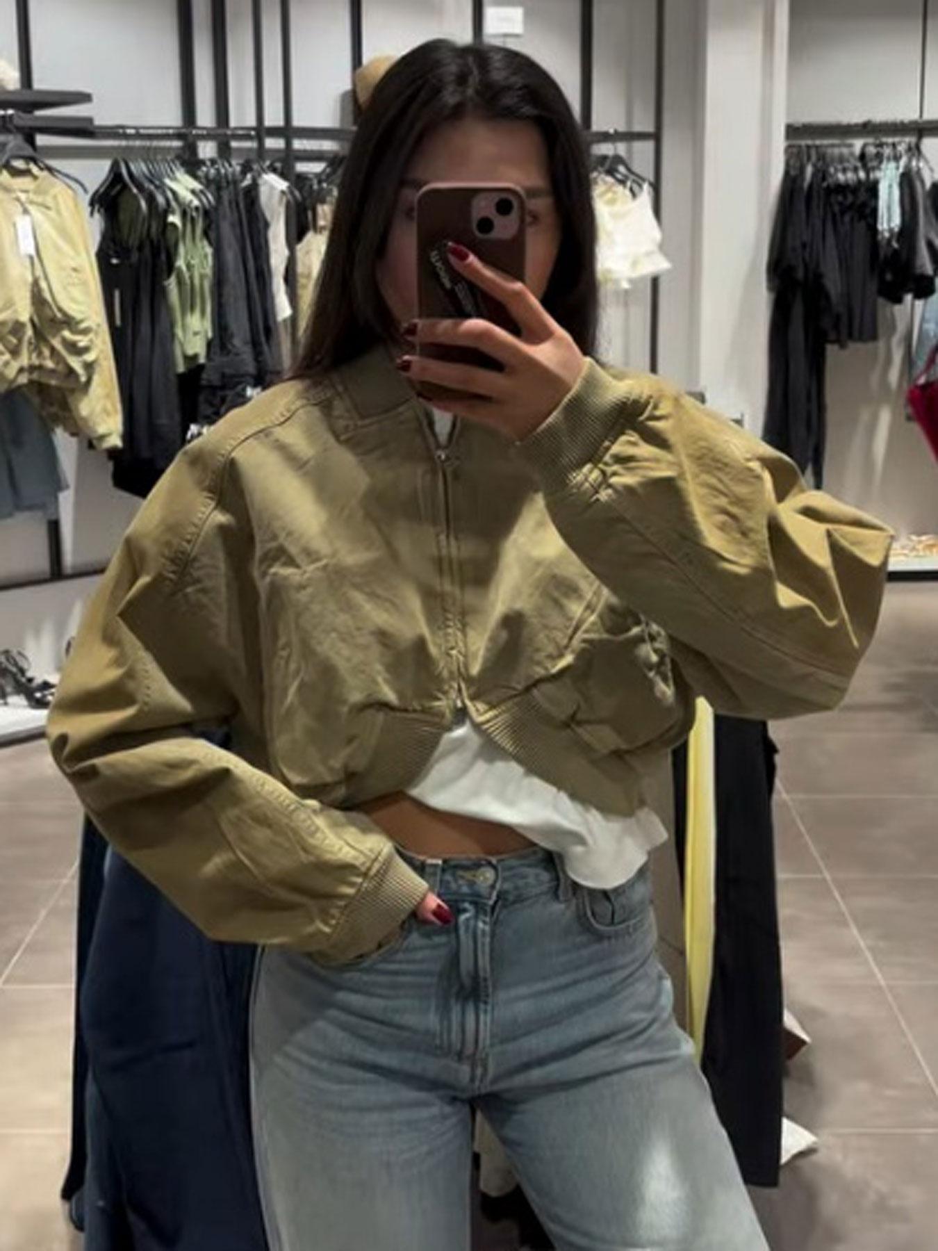 Women's Olive Green Loose Cropped Basic Bomber Jacket, Casual Zipper Coat, Vintage Casual Full-Zip Outerwear with Ribbed Collar & Cuffs, Side Pockets, Streetwear Layering Coat for Spring & Summer
