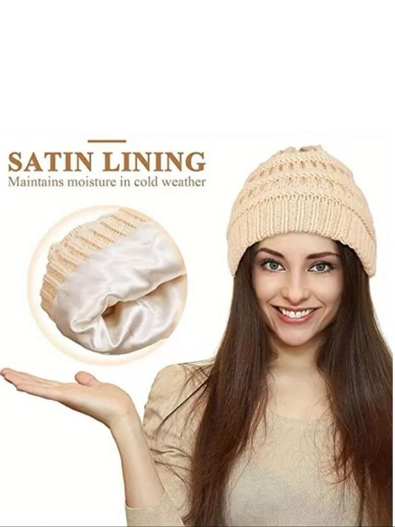 Women's Winter Satin Lined Beanie Hat, Knitted Winter Hat, Soft Lightweight Knit Fabric, Comfortable Warm Fashion Accessory for Daily Wear