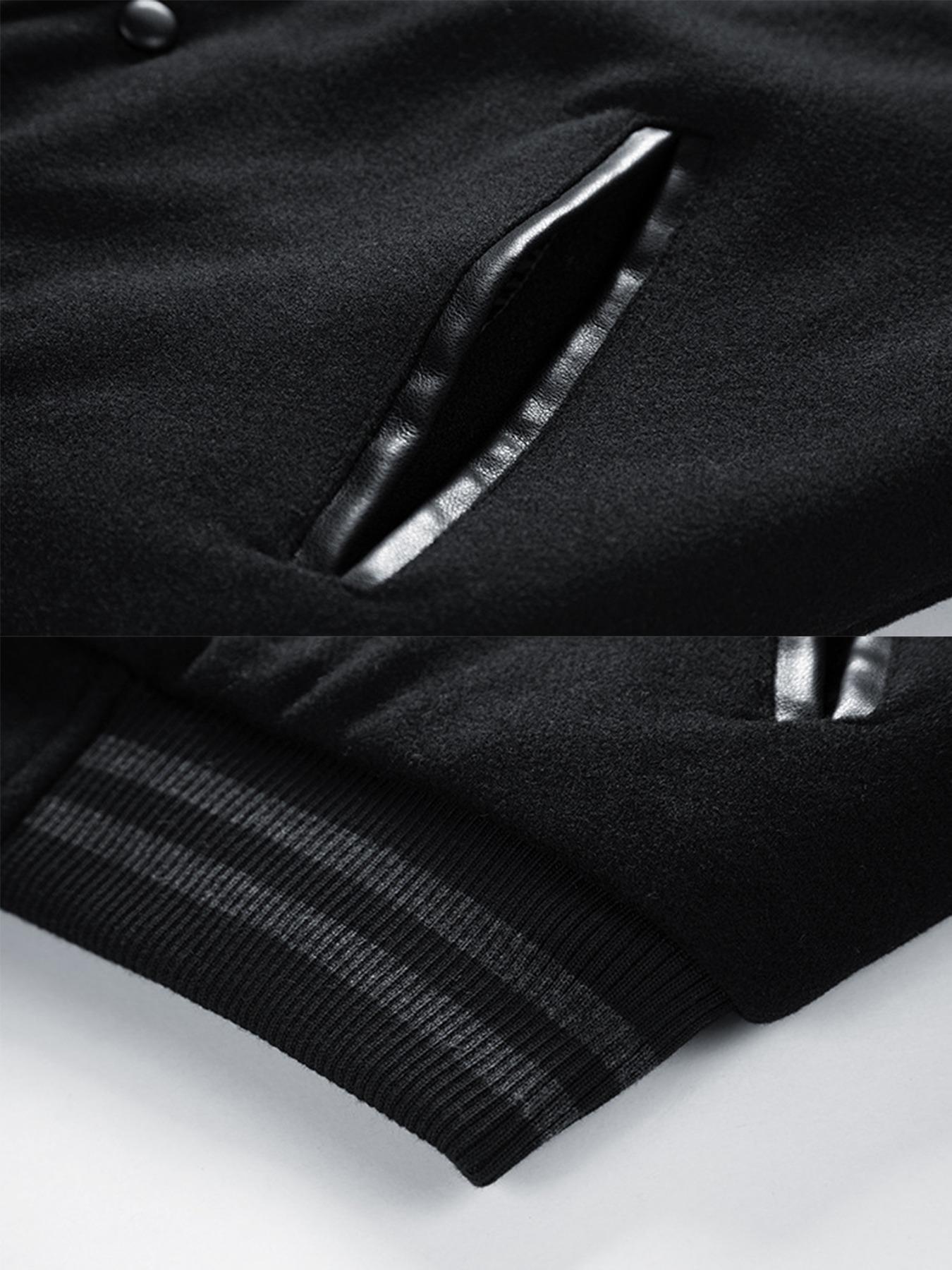 Men's Letter Patched Pocket Button Front Varsity Jacket, Casual Regular Fit Long Sleeve Stand Collar PU Leather Jacket Coat for Fall Winter