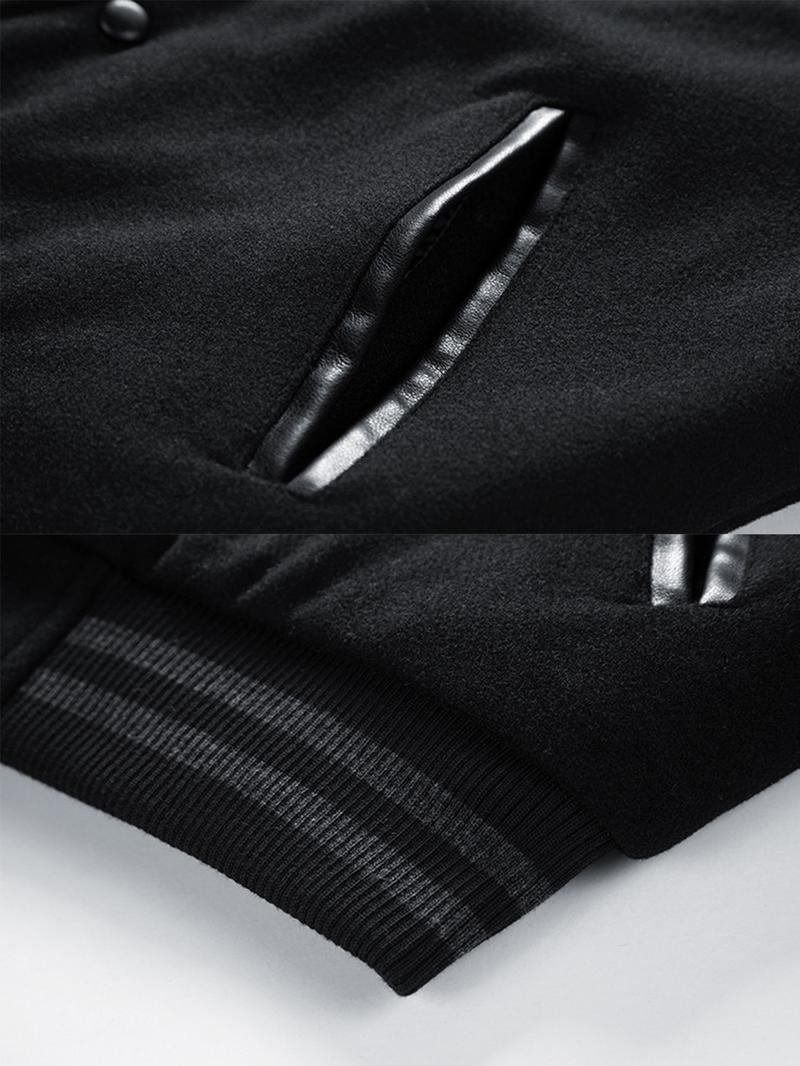 Men's Letter Patched Pocket Button Front Varsity Jacket, Casual Regular Fit Long Sleeve Stand Collar PU Leather Jacket Coat for Fall Winter Men's Letter Patched Pocket Button Front Varsity Jacket, Casual Regular Fit Long Sleeve Stand Collar PU Leather Jacket Coat for Fall Winter