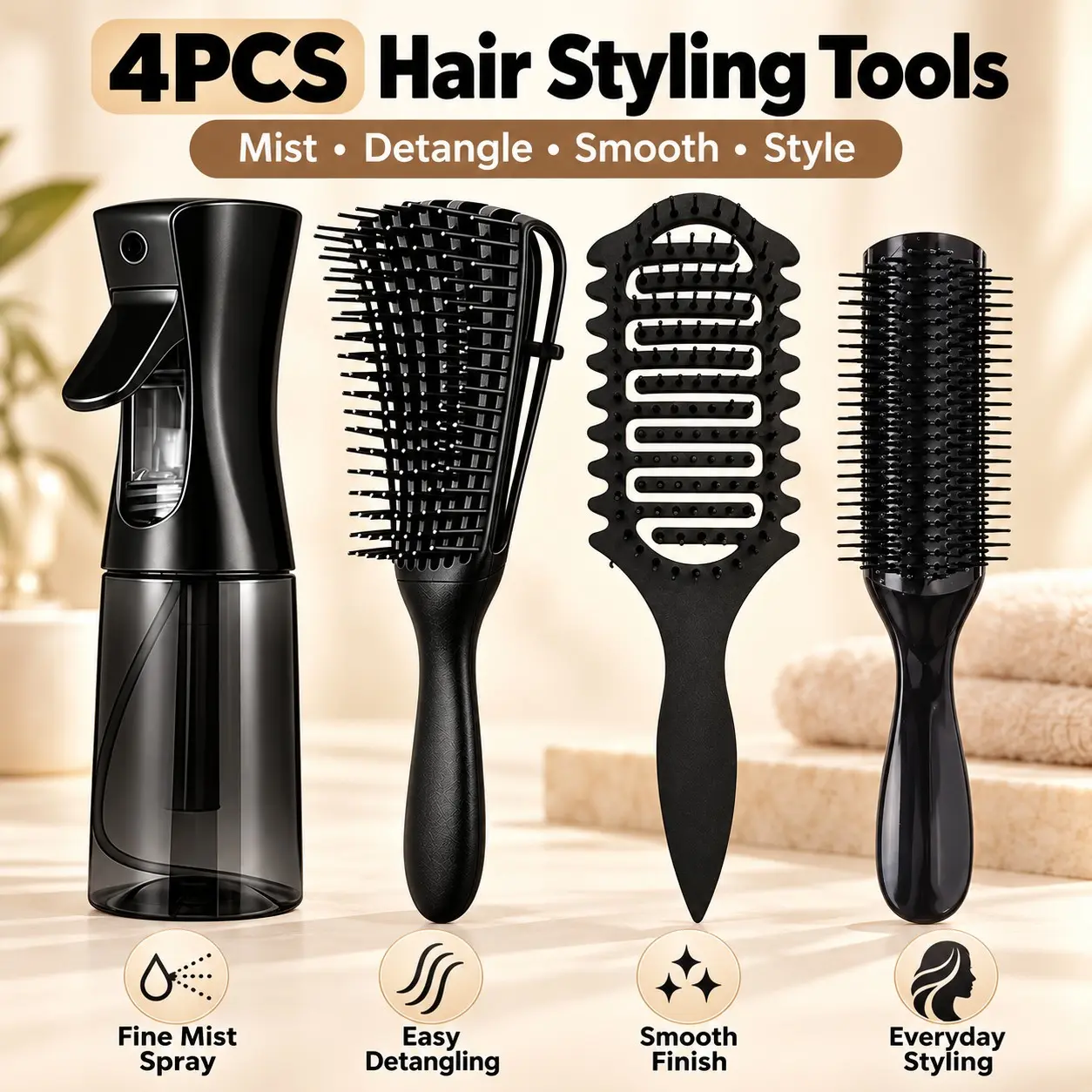 3/4PCS Hair Styling, Detangling & Smoothing with Fine Mist Spray Bottle, Detangling Brushes & Smoothing Brush for Wet & Dry Hair, Straight, Wavy & Curly Hair, Easy Everyday Styling