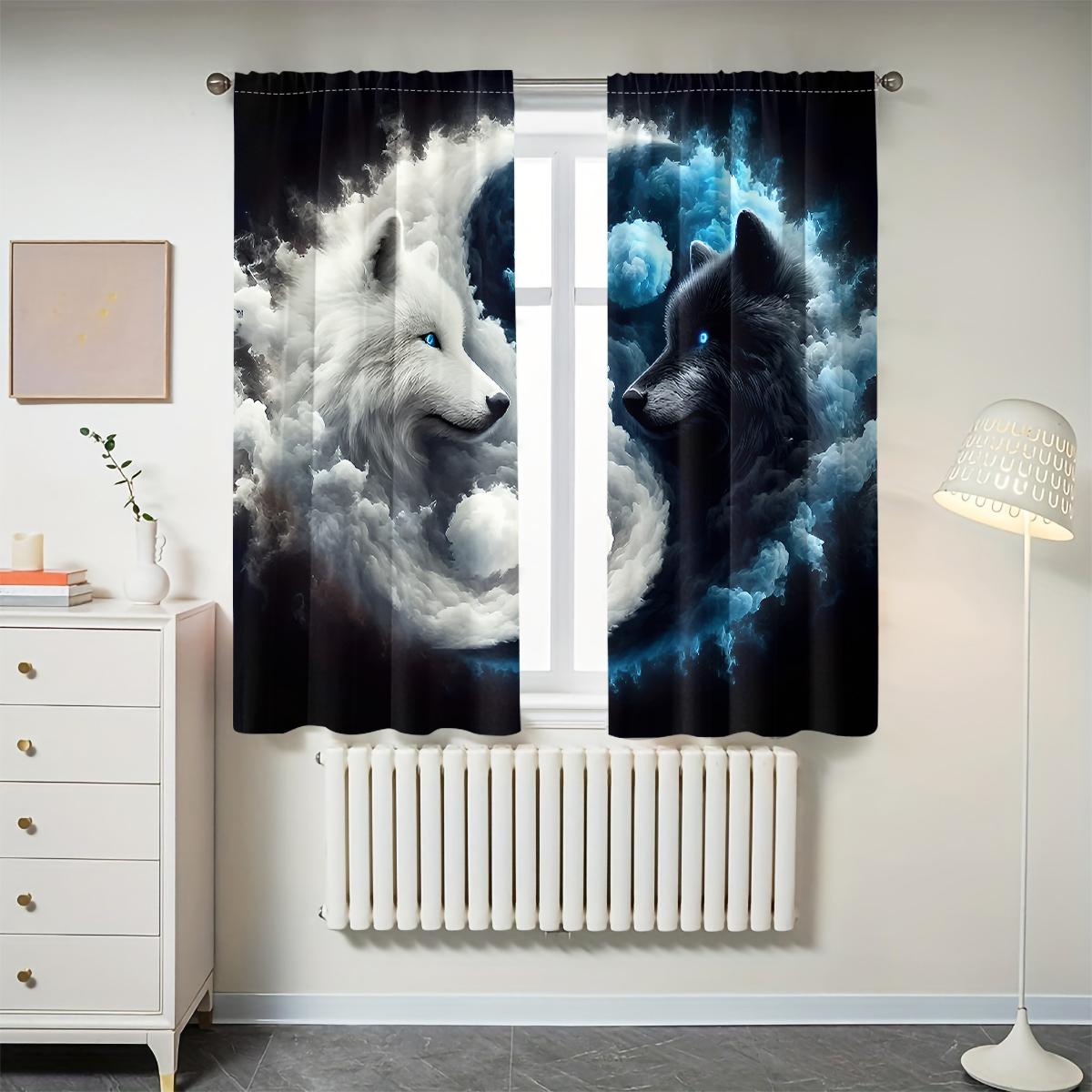 2-Piece & Wolf Cloud Moon Scene Digital Print Curtains, Semi-Transparent Polyester Fabric, Rod Pocket Design, Bedroom Living Room Decor