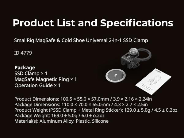 SMALLRIG SSD Holder 2-in-1 SSD Mount Bracket for MagSafe with Cold Shoe Cable Clamp, Compatible with 0.3-0.6in Thick SSDs for Samsung T5 T7 SSD, for SanDisk SSD, Compatible Cage - 4779