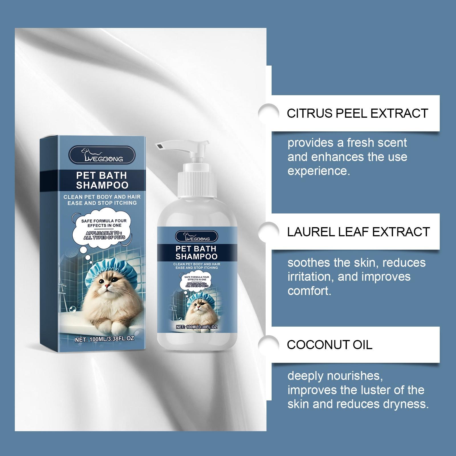 Pet Shampoo for Dogs, Cats and Kittens. Natural mild ingredients gently clean fur, soothe itchy skin and remove odors. Deeply nourishes dry coats to keep hair fluffy, soft and shiny. Safe formula, suitable for all pet breeds.