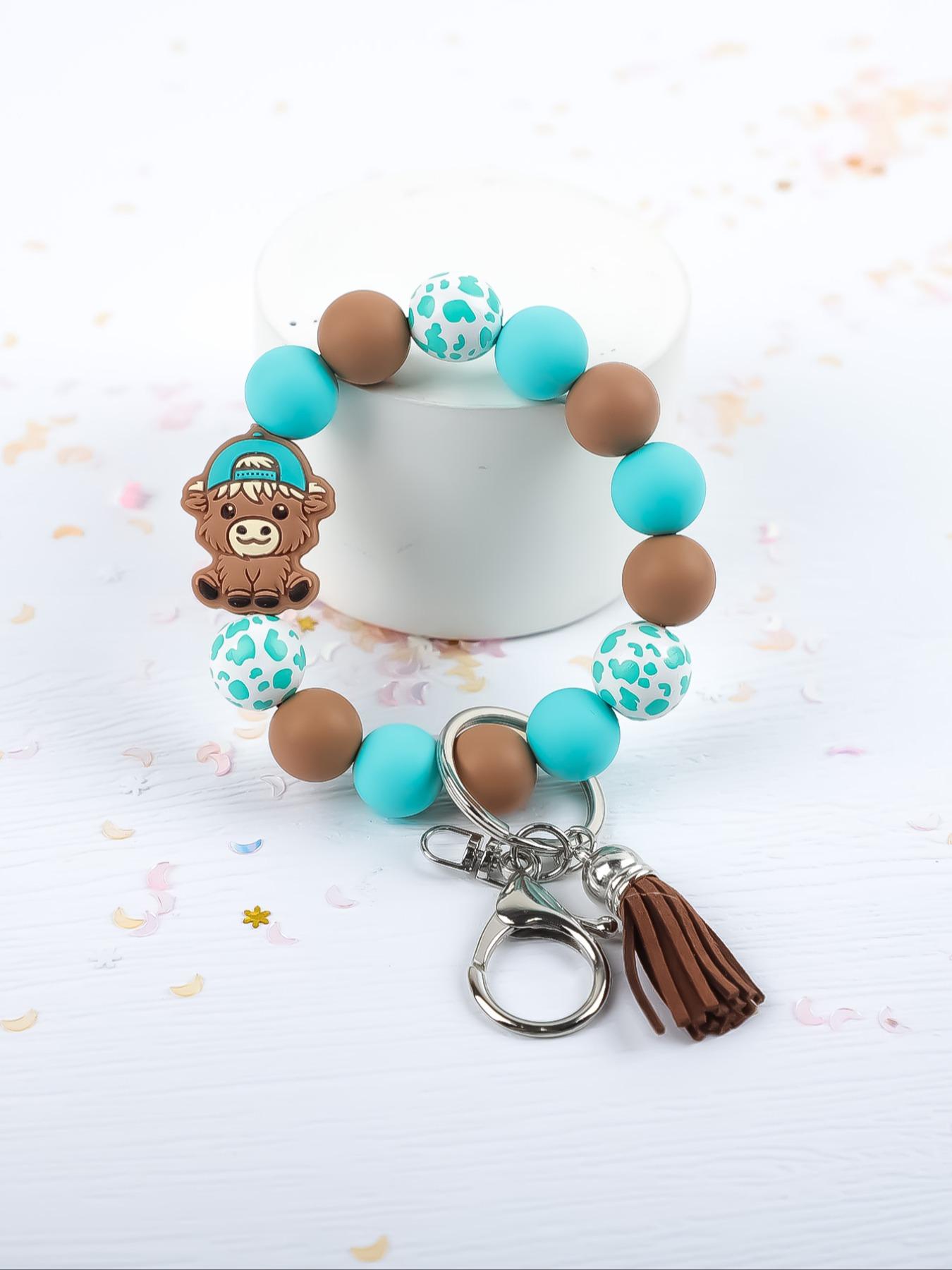 Cute Farm Style Beaded Wrist Keychain, Multiple Colors Available, Spot Pattern Beads with Bow Cow Design, Perfect Gift for Friends & Family