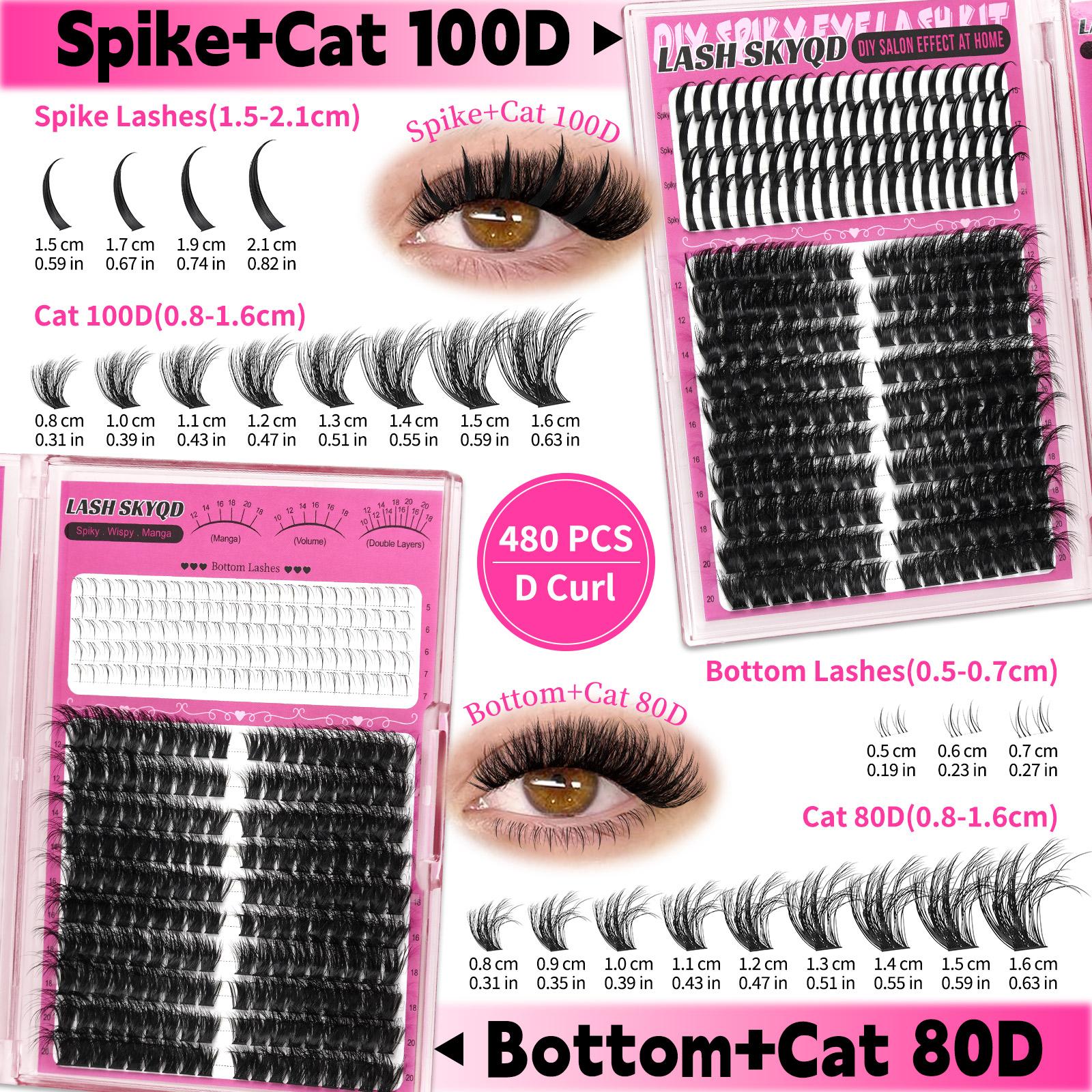 LASH SKYQD Mix Lashes Clusters Kit Gift Packs 1464Pcs With Bond&Seal Remover Tweezers Eyelash Curler Lash Brush,Bottom/Spike/Mega/Cat Lashes 3D Effect False Eyelash DIY Individual Clusters Lash Kit Perfect for Beginners & Proficient, Eyelash Extension Kit