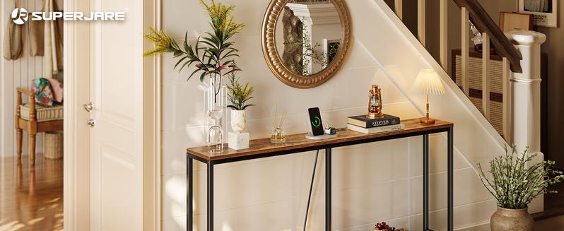 SUPERJARE Console Table with Outlet, 63 Inch Sofa Table with Charging Station, Narrow Entryway Table, Skinny Hallway Table, Behind Couch Table, for Living Room, Plants