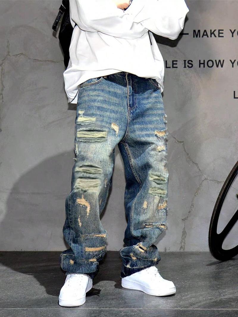 Men's Loose-Fit Denim Jeans, Casual Style Worn Look Ripped Design, Ripped Hole Jeans, All-Season Plain Straight Leg Jeans for Men