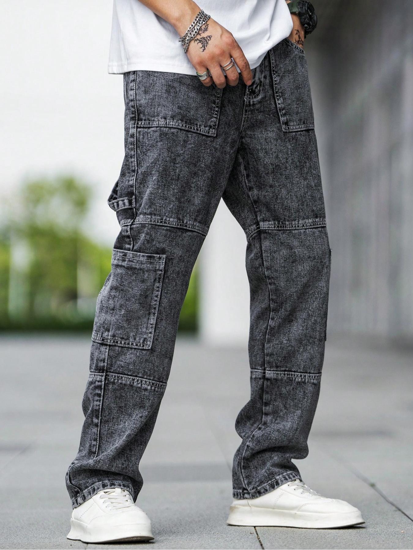 Men's Casual Loose Fit Multi-Pocket Workwear Straight Leg Denim Jeans, Deep Patchwork Street Style Long Pants, All Season Wear