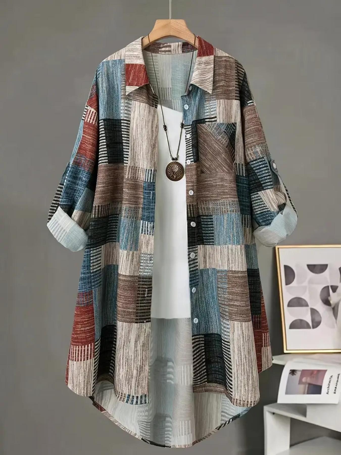 Plus Size Women's Plaid Print Long Sleeve Shirt, Casual Fitted Woven Fabric, Geometric Pattern, All Seasons Wear