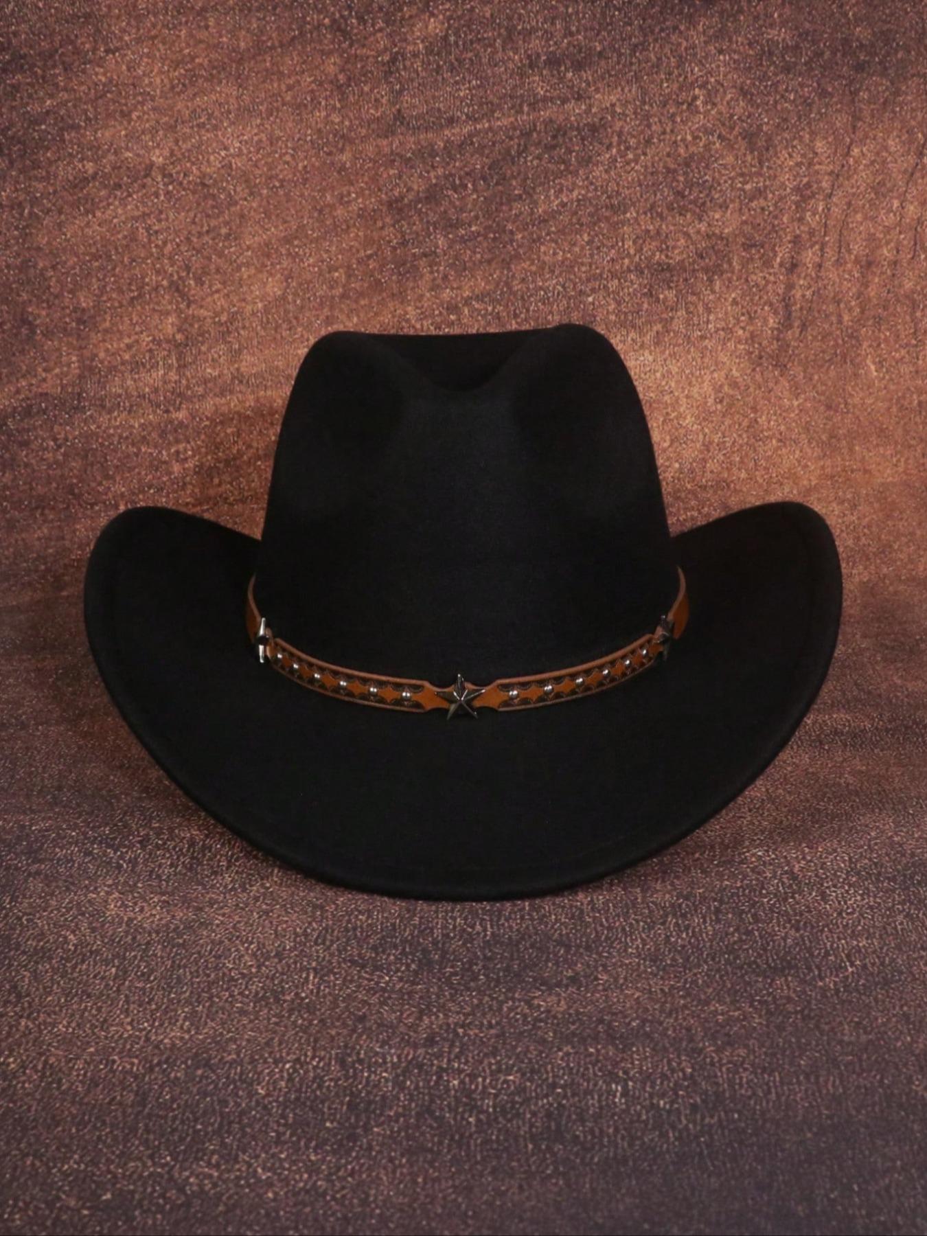 Western Cowboy Hat with Retro Star Belt, Perfect Gift for Women, Sun Protection, Polyester, Ideal for Outdoor, Casual, Stage, Birthday, Party