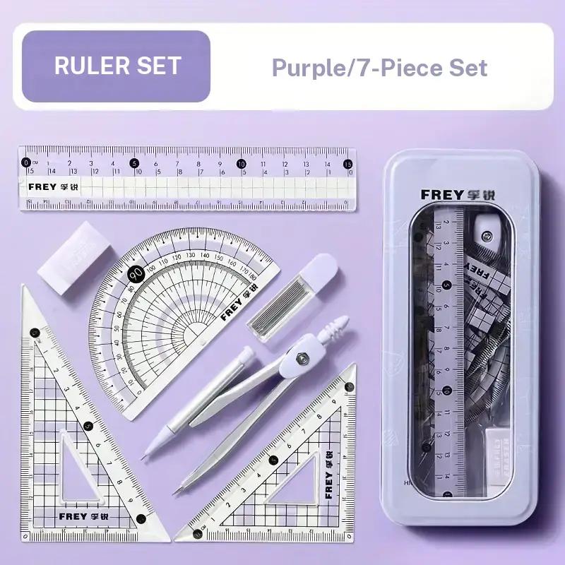 Ruler Set with Storage Box, Measuring Ruler, 7 Counts/set Including Compass & Ruler & Protractor & Eraser & Refill, Stationery Supplies for School Students Dormitory Home Office