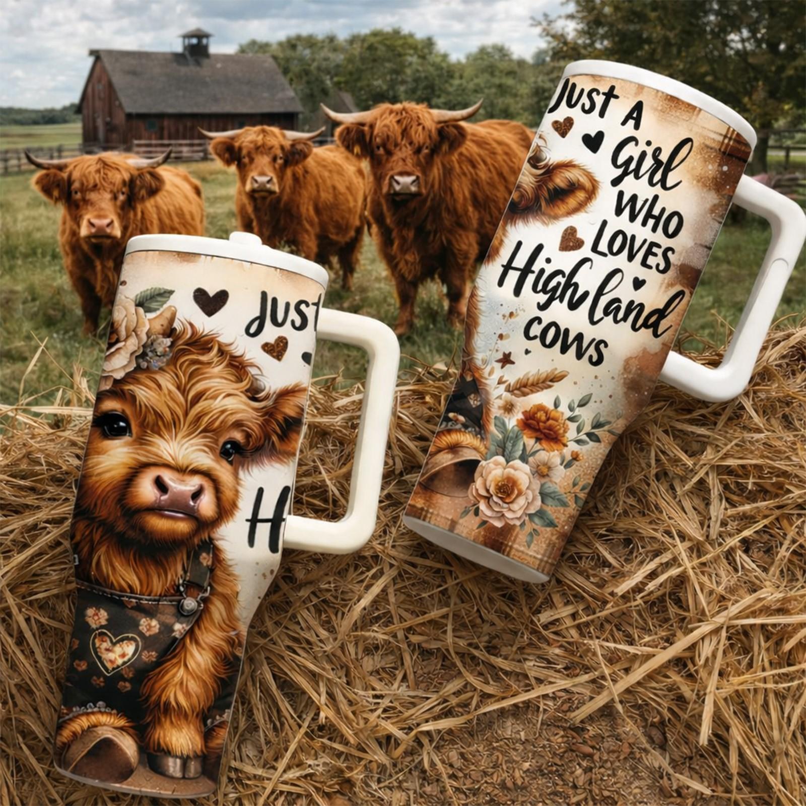 1 Pc Highland Cow Insulated Mug, 40oz Thermal Mug, Tumbler with Handle, Double Wall Vacuum Cup, Leak Proof Lid, Keeps Hot 12 Hours Cold 24 Hours, Cute Farm Cow Design, Coffee Tea Hot Cold Drinks, Gift for Women Men, Holiday Birthday Farm Lover Gift