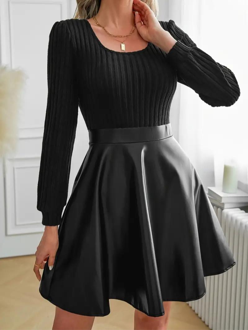 New European Style Casual Women's Patchwork A-Line Dress, Elegant Long Sleeve Maxi Dress, Perfect for Spring & Fall Seasons