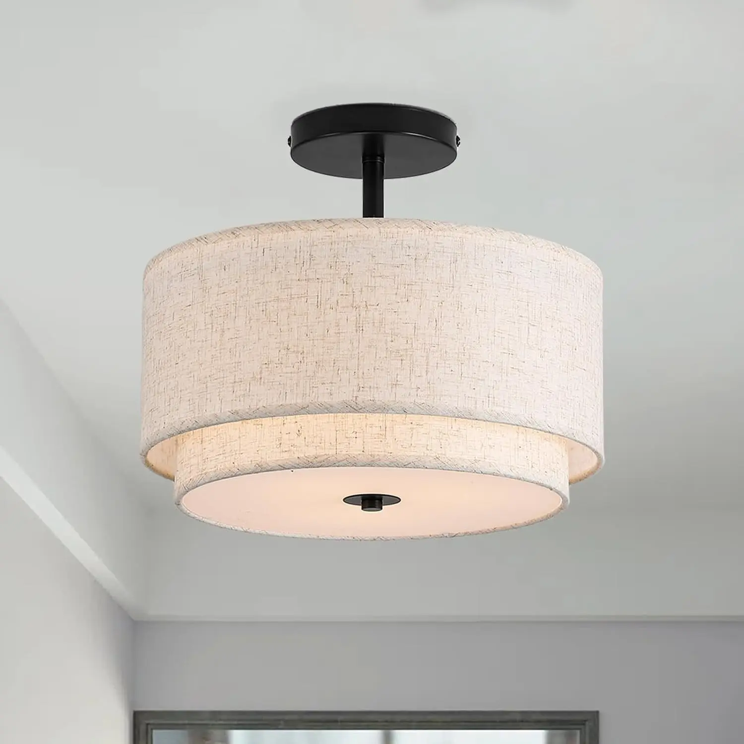 12.6-inch Flush Mount Ceiling Light Fixture, 3-Light Modern Close-to-Ceiling Light with 2-Layer Linen Fabric Shade, Farmhouse Drum Ceiling Mount Lamp for Bedroom Hallway Living Room