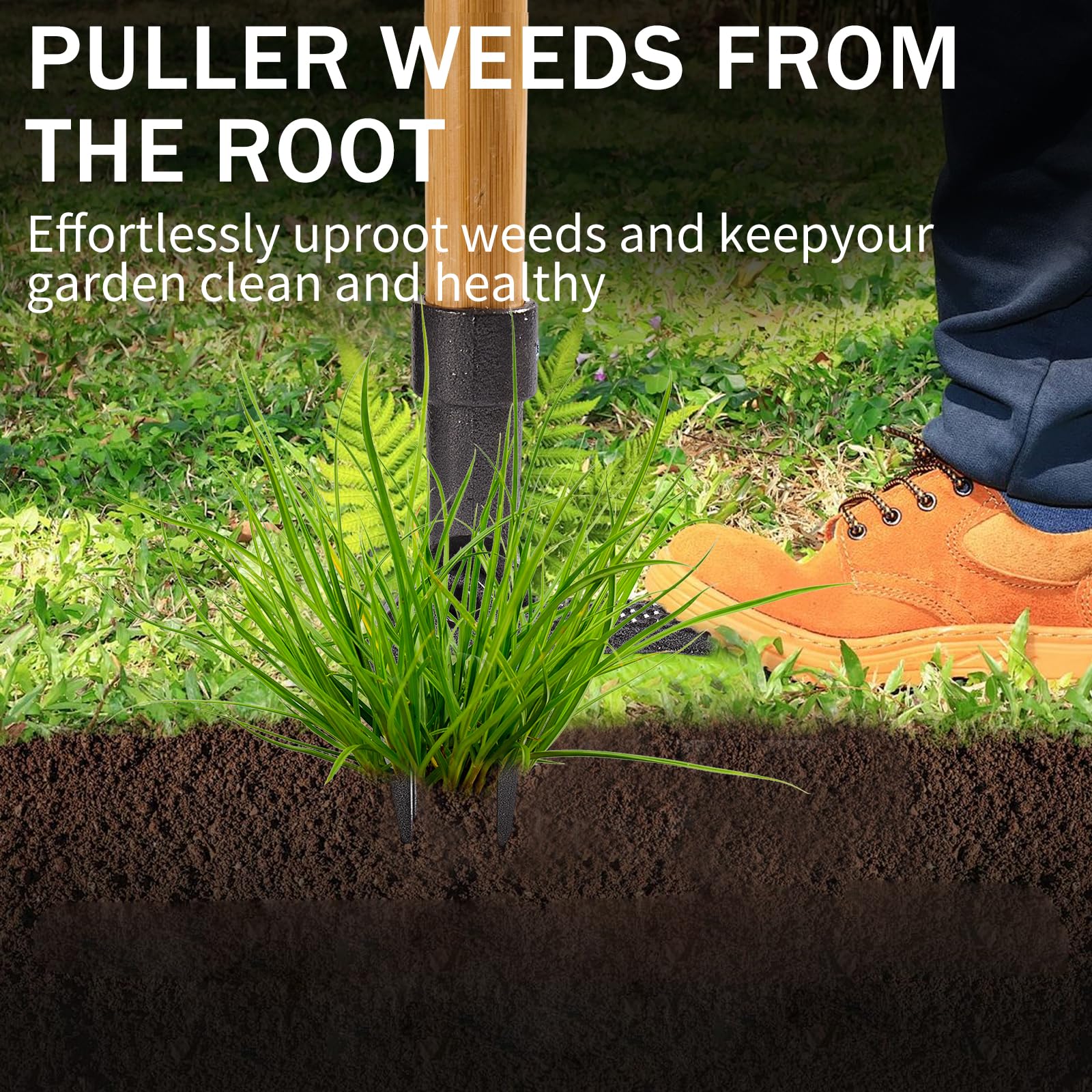 Standing Weed Removal Tool with 4-Prong Steel Head, Long Handle, Manual Grass Puller for Gardens, Lawns, Outdoor Use, No Bending/kneeling Standing Weed Removal Tool with 4-Prong Steel Head, Long Handle, Manual Grass Puller for Gardens, Lawns, Outdoor Use, No Bending/kneeling