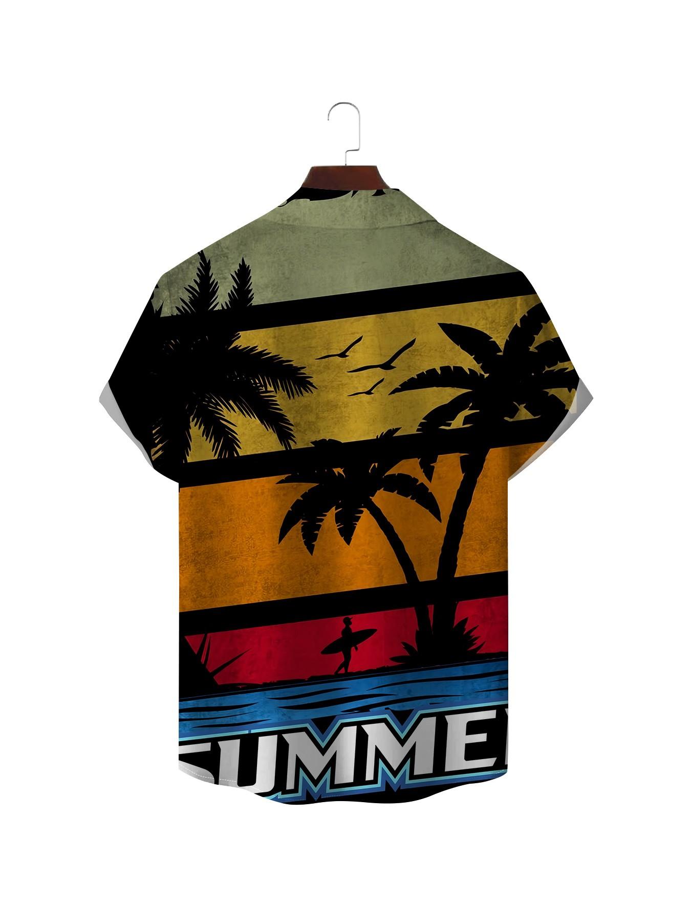 Tropical Beach Scene Graphic Shirt, Men's Loose Fit Collared Short Sleeve Top, Casual All-Over Print Clothing, Trendy Summer Wear