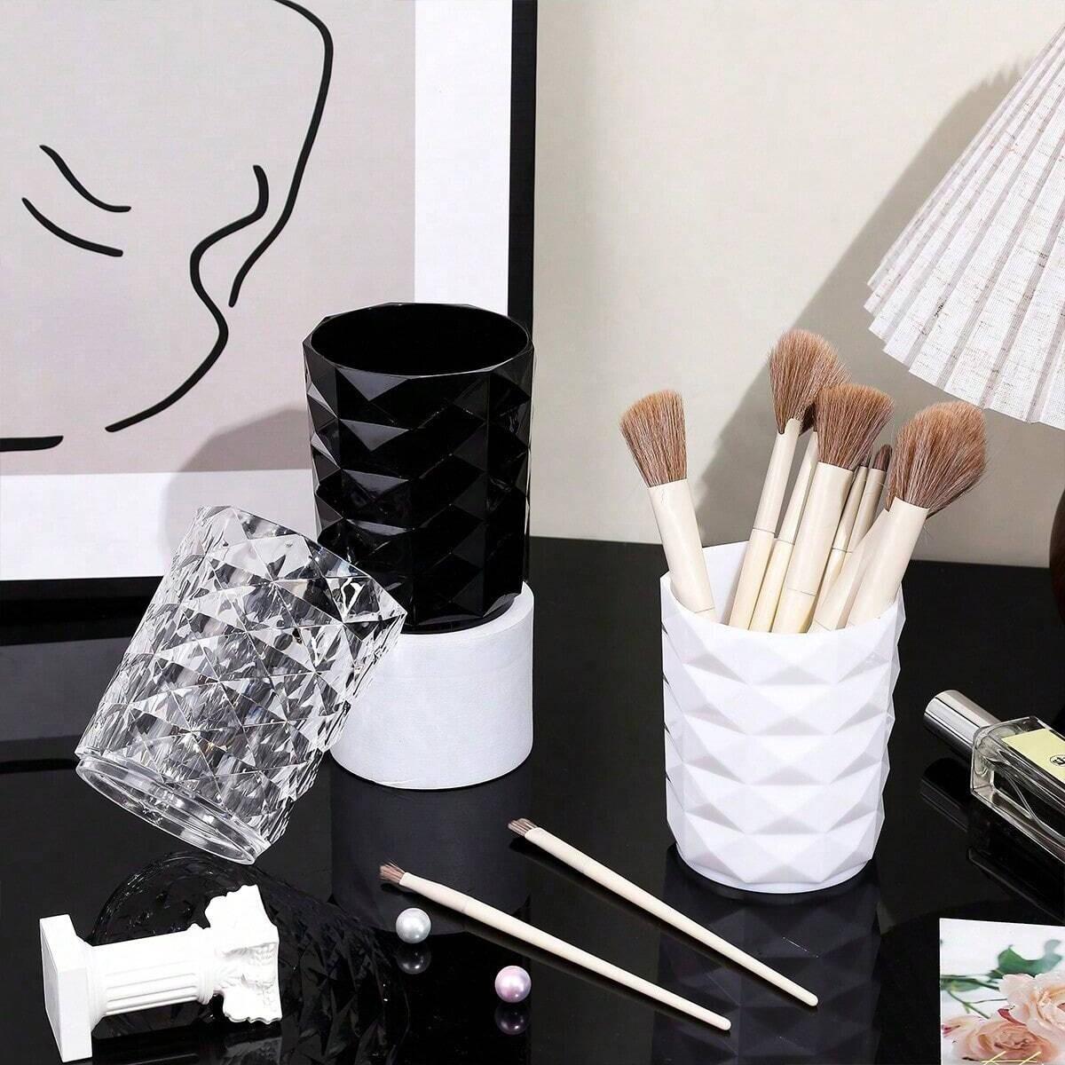 Drill Pattern Diamond Makeup Brush Storage Bucket Pen Holder, Transparent Multi-Functional Container for Eyeshadow Brushes & Water Cup, Desktop Storage Box, Makeup Cosmetic Organizer