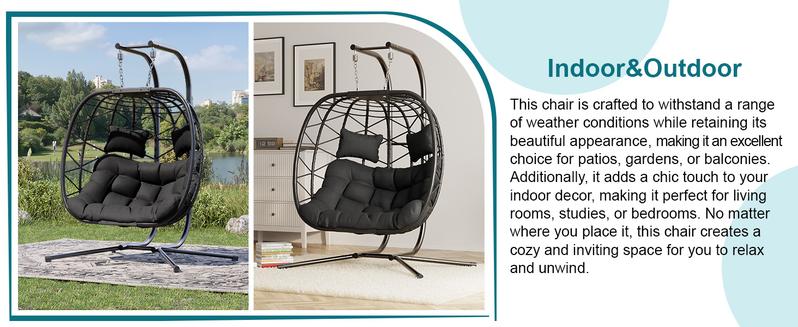【Valentine's Day gift】Double Egg Swing Chair with Stand- 600/700 lbs Weight Capacity, Outdoor Indoor Wicker Rattan Hanging Egg Chair with Cushion, Porch Swing Patio Furniture