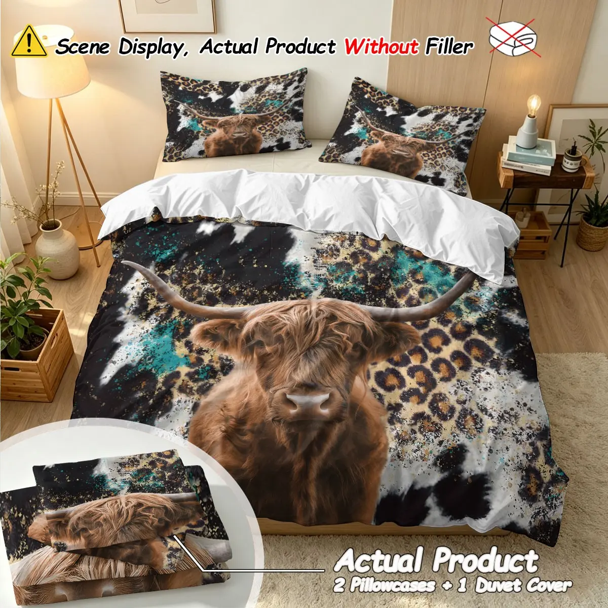 3-Piece Bedding Set, Vintage Highland Cow Print Duvet Cover & Pillowcases, Soft Comfortable, All-Room Use, Seasonal Decor, Gift Idea