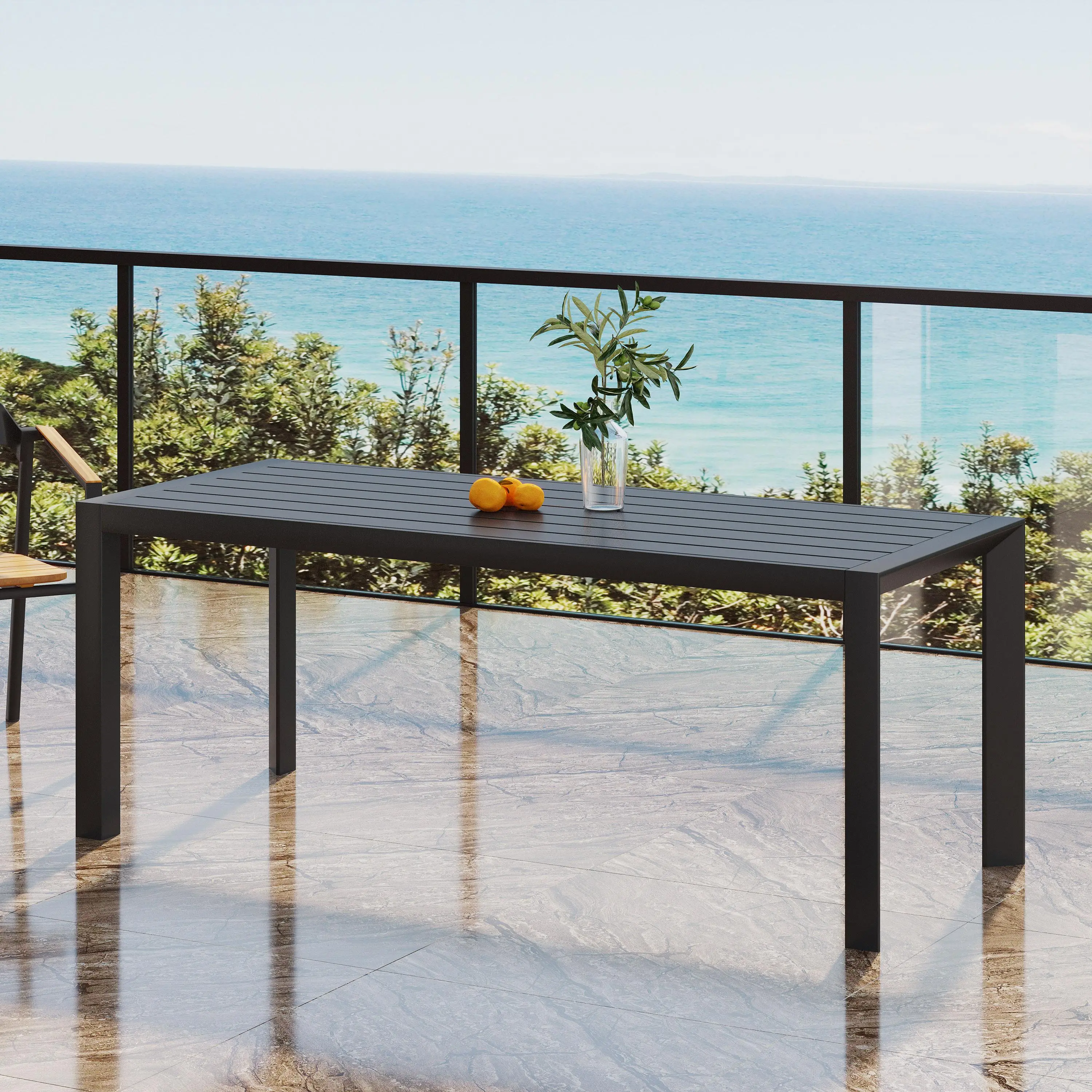 Rectangle Outdoor Dining Table 70 x 35 x 30 Inch Black Aluminum Patio Table with Slat Panel Design for Garden Deck Poolside Backyard BBQ Area