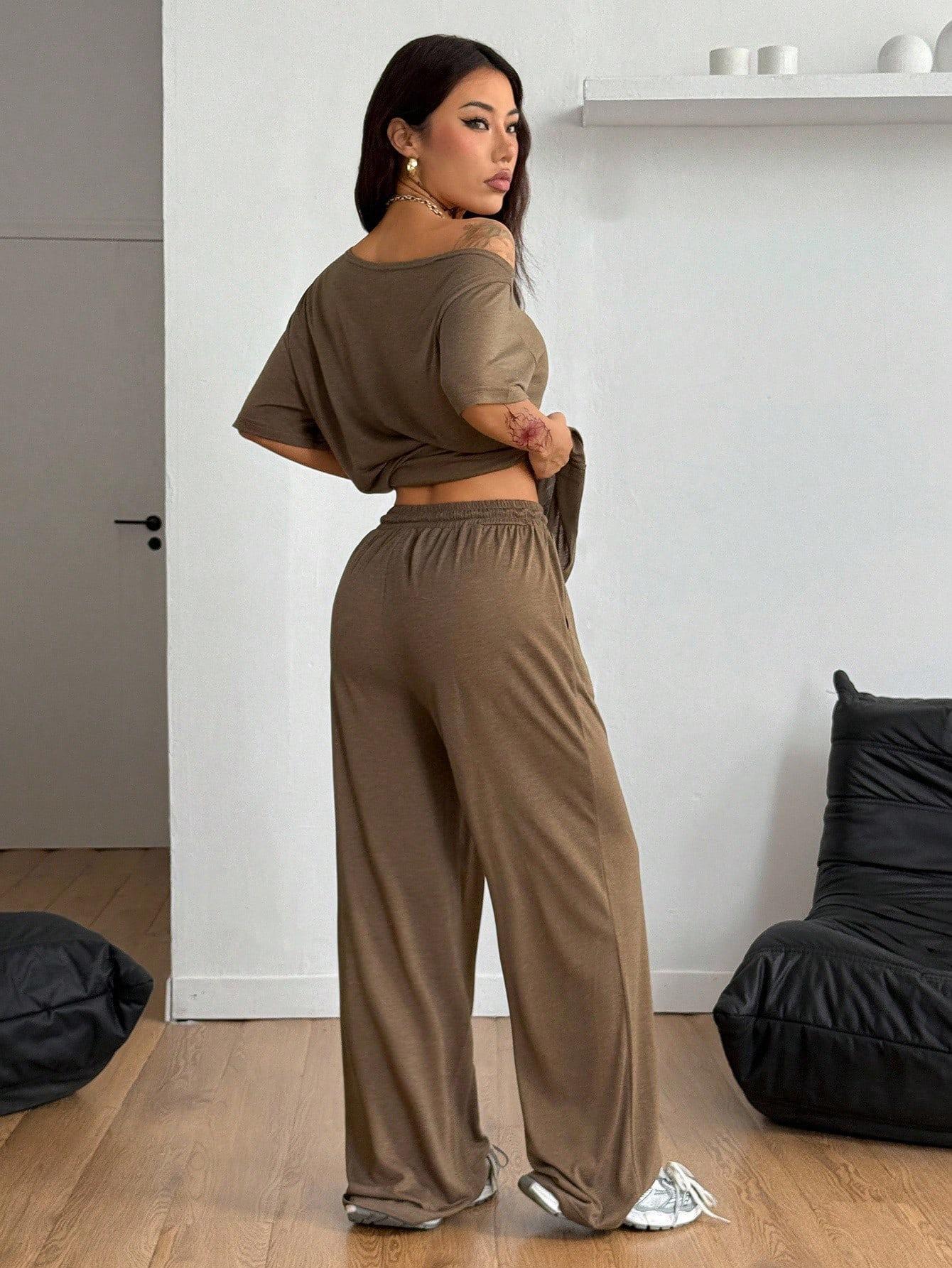 Women Off-Shoulder 2 Piece Set, Oversized Top and Wide Leg Elastic Drawstring Pants