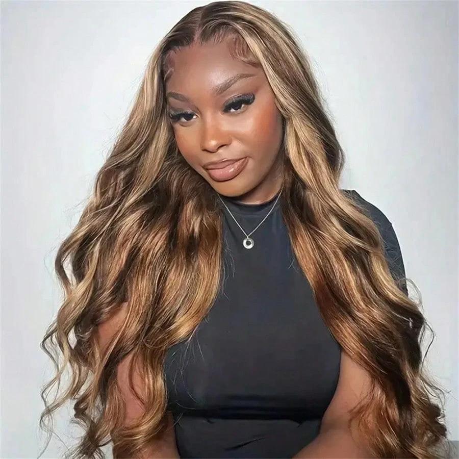 Highlight 13x4 HD Body Wave Lace Front Wigs Human Hair Honey Blonde Ombre 4/27 Lace Front Wig Human Hair Pre Plucked 180% Density Frontal Wigs for Women