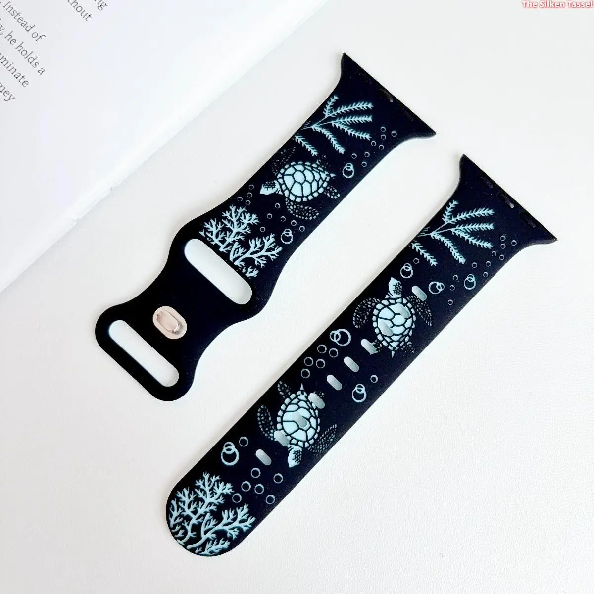 Ocean Sea Turtle Coral Silicone Strap for Apple Watch Ultra Series 1-11 SE, Black Base Aquatic Animal Printed Sport Watch Band, Adjustable Lightweight Summer Beach Wrist Accessory tiktokshopbacktoschool