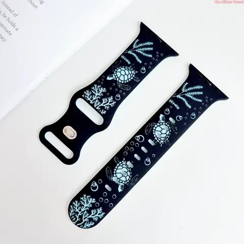 Ocean Sea Turtle Coral Silicone Strap for Apple Watch Ultra Series 1-11 SE, Black Base Aquatic Animal Printed Sport Watch Band, Adjustable Lightweight Summer Beach Wrist Accessory