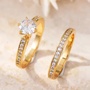 Women's 2-Piece Elegant Gold-Coated Engagement & Wedding Duo Rings, Timeless Statement Bands with Sparkling Accents, Perfect Bridal Jewelry Gift for Valentine's Day & Anniversaries, Rings For Women