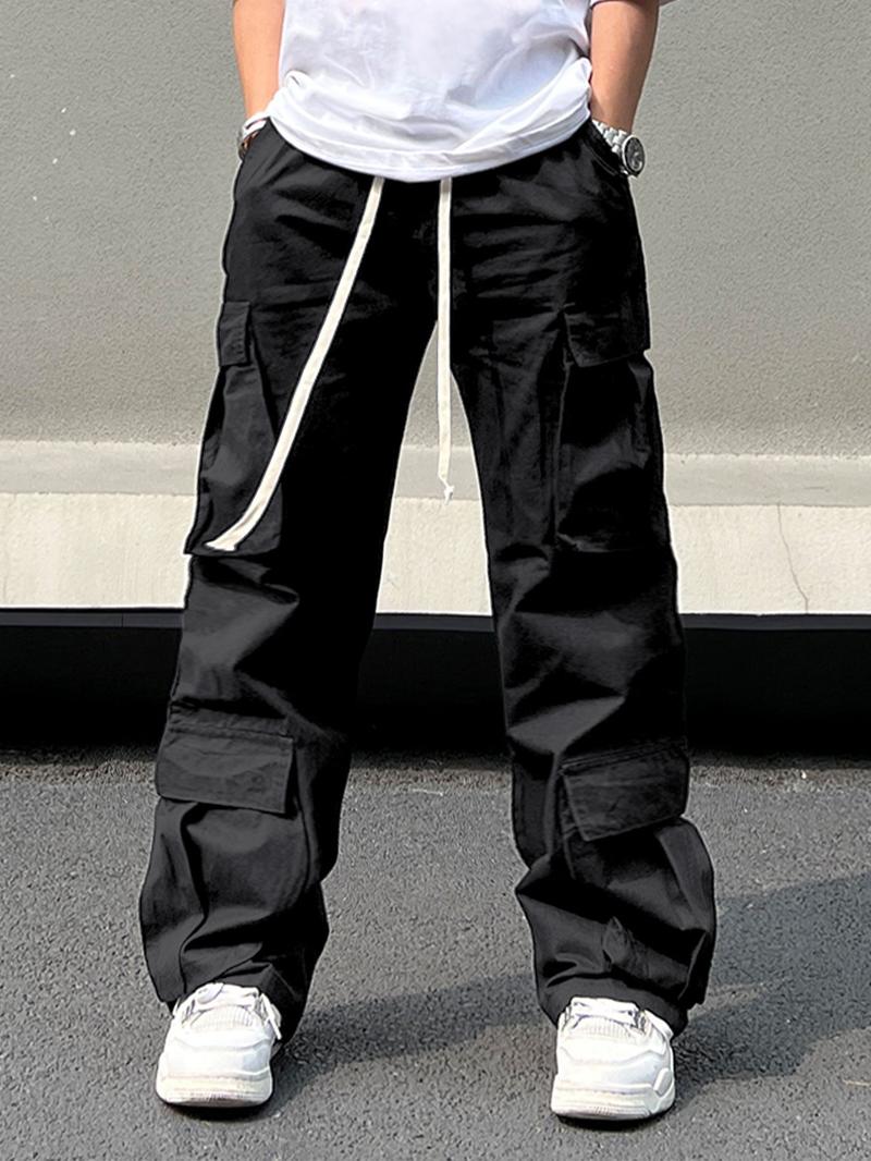 Men's Solid Pocket Drawstring Cargo Pants, Loose Street Straight Leg Trousers, Mens Clothing, Summer Pants, Men's Bottoms for Daily Wear
