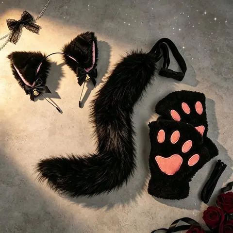 Women's Lady Plush Cat Girl Costume Set - Buckle-Design Fluffy Cat Ears Headband, Tail, Paw Gloves, Smooth Light Soft Fashion Hair Accessory for Halloween Party, Anime Cosplay