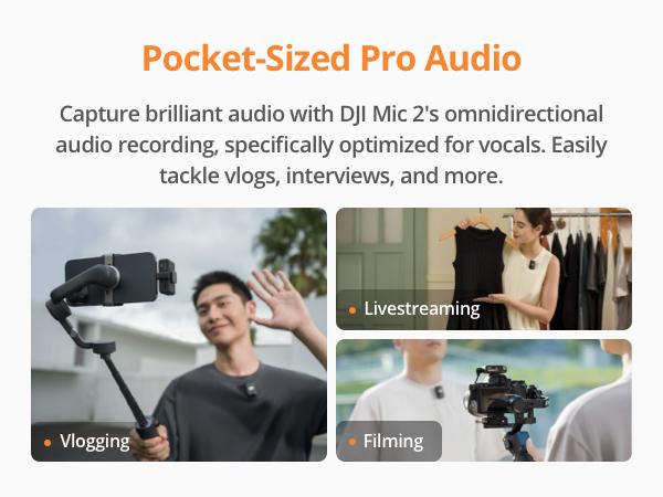 DJI Mic 2 Clip On Cordless Mics with High-Quality Audios for iPhone, Camera, Android, Ultralight Design, Adaptive Gain, Intelligent Noise Cancelling, Dual Band Anti-Interference, 32-bit Float Internal Recording, Vlog, Livestream, Clip On Mic