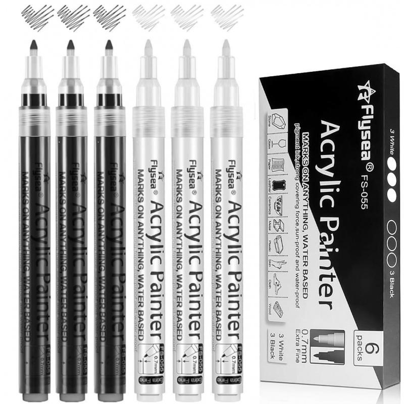 Black White Gold SilveryAcrylic Paint Pens, Acrylic Paint Markers Art Markers Pen 0.7 mm Extra Fine, 3 mm Medium Tip, Waterproof Paint Pens for Rock Painting Ceramic Glass Canvas Mug Metal Wood DIY Supplies