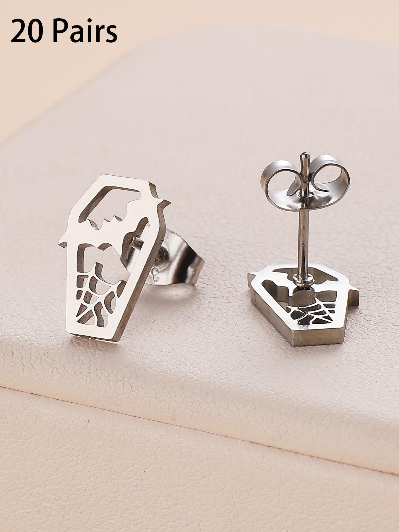 Unisex Silver Stainless Steel Gothic Bat-Coffin Stud Earrings - Witchy Spooky Jewelry, 1 Size, Lightweight Hypoallergenic, Fashionable Jewelry Accessories, Coffin Shape Halloween Fashion Accessory