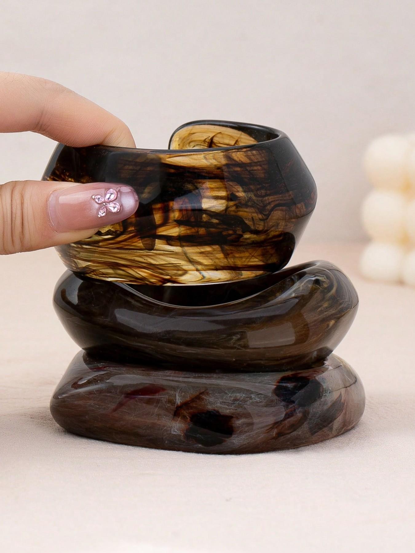 3-Piece Turtle Shell Marble Resin Bracelet Set, Thick Acrylic Bracelets, Boho Style Bracelet, Vintage Bohemian Style Jewelry Gift, Handmade Accessories