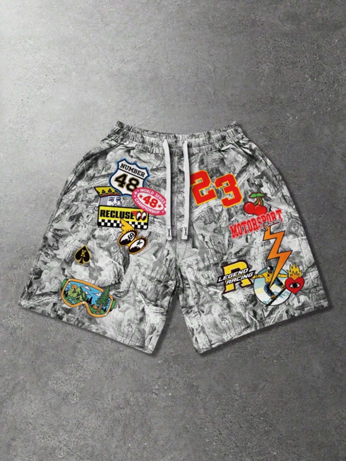 Vintage Racing Print Camouflage Shorts, Y2K Street Style Summer Drawstring Casual Pants, Casual Regular Fit Pocket Shorts for Summer, Men's Athletic Bottoms for Daily Wear