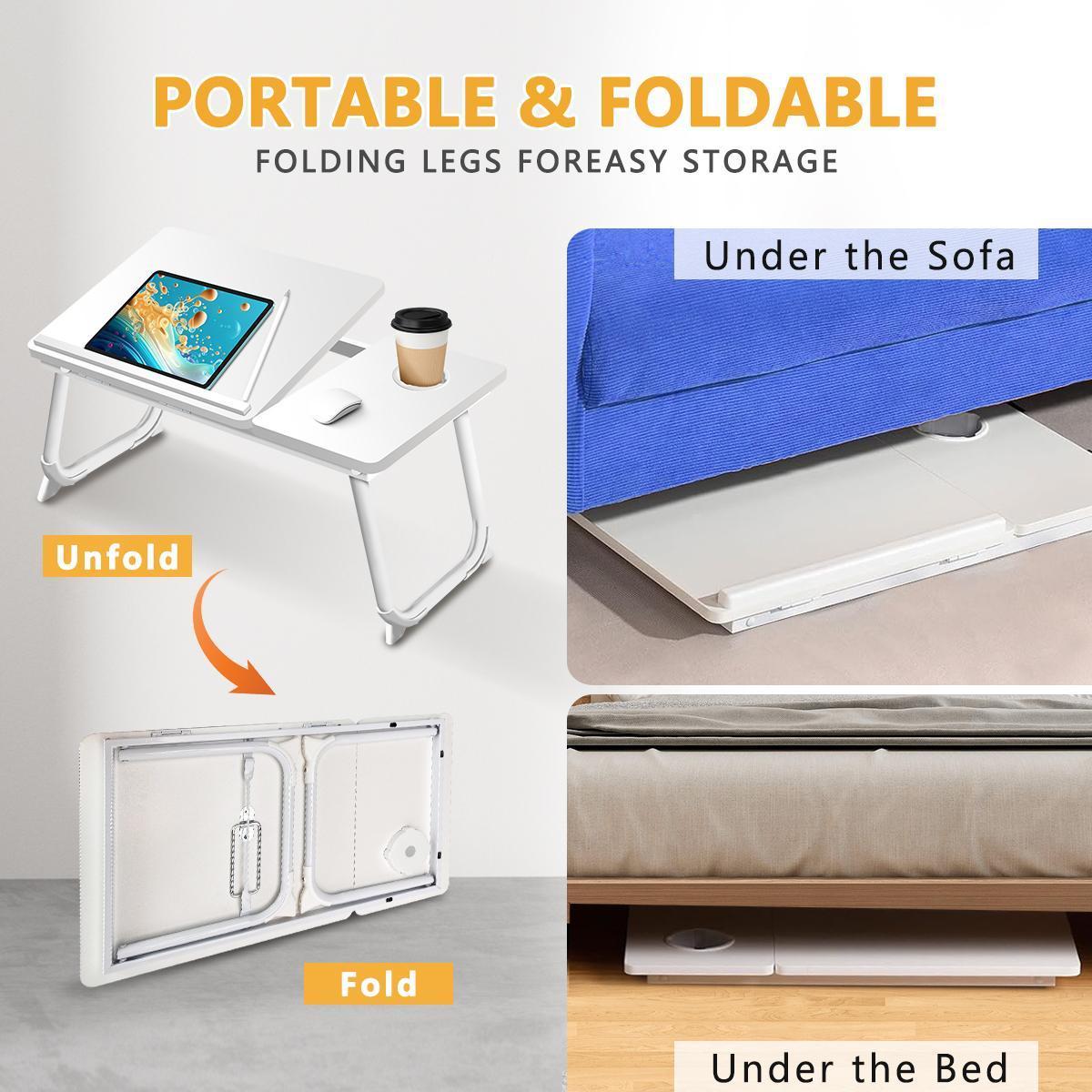 Foldable Laptop Bed Desk Tray with 4 USB Ports Portable Lap Table Tiltable Tabletop Wood Workstation Storage Drawer Cup Holder for Home Bed Couch Working Reading