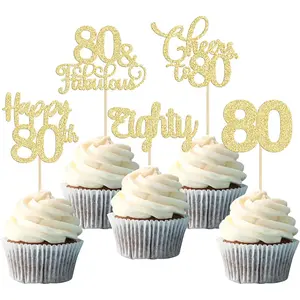 30 Pack Happy 80th Birthday Cupcake Toppers Gold Glitter Eighty Cheers to 80 Years Old Birthday Cupcake Picks for Happy 80th Anniversary Party Cake Decorations