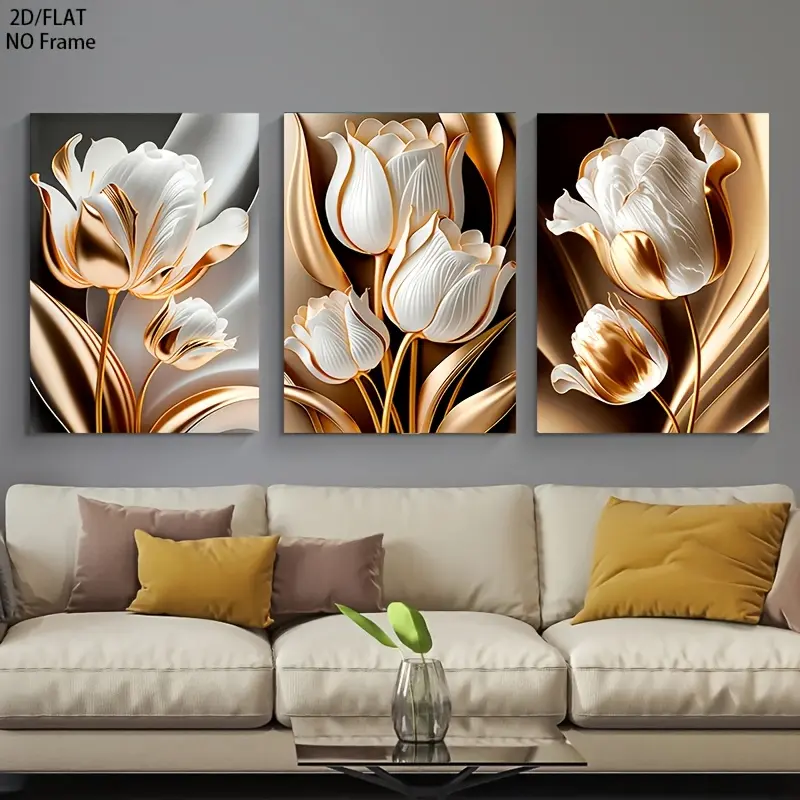 2D, 3 pieces/set, canvas print art, classic luxury with black and gold flowers, white flowers with golden tulips around the edges, home decor poster