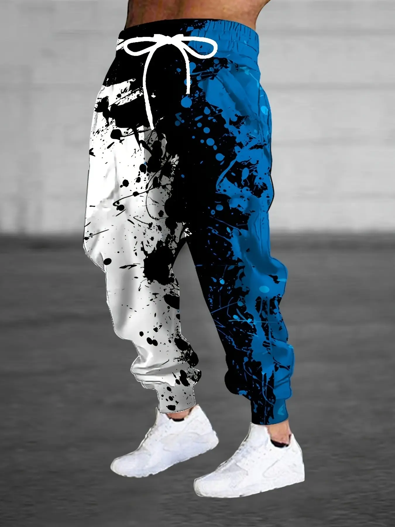 Men's Trendy Colorblock Graffiti Ankle Sweatpants, Three-Color Ink Splash All-Over Print, Loose Fit Hip-Hop Casual Pants