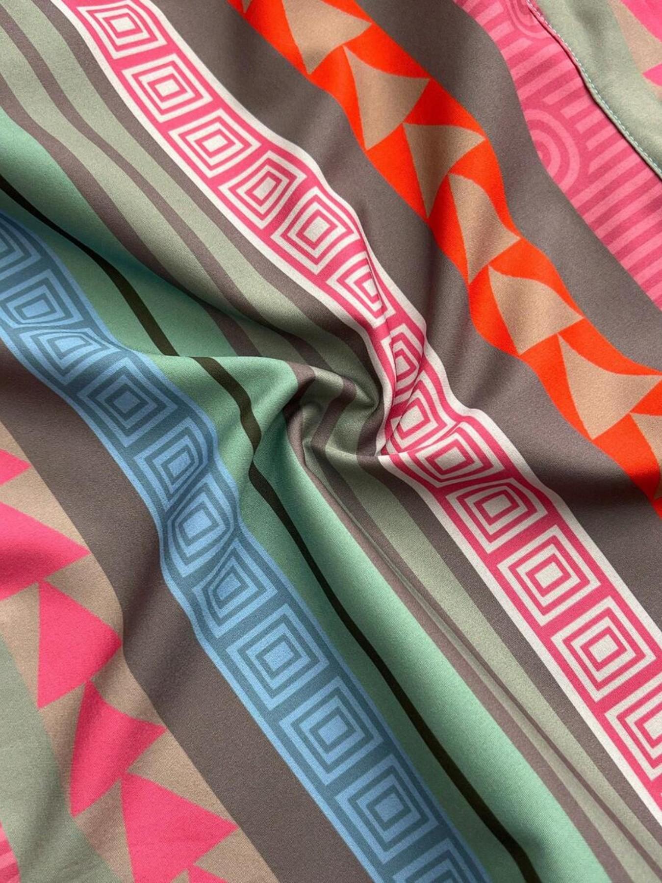Women's Boho Style Colorful Print Dress, Short Sleeve Button Design Layered Dress, Knee Length, Loose-Fit, Beach Vacation Casual Wear, Bohemian Style Sundresses