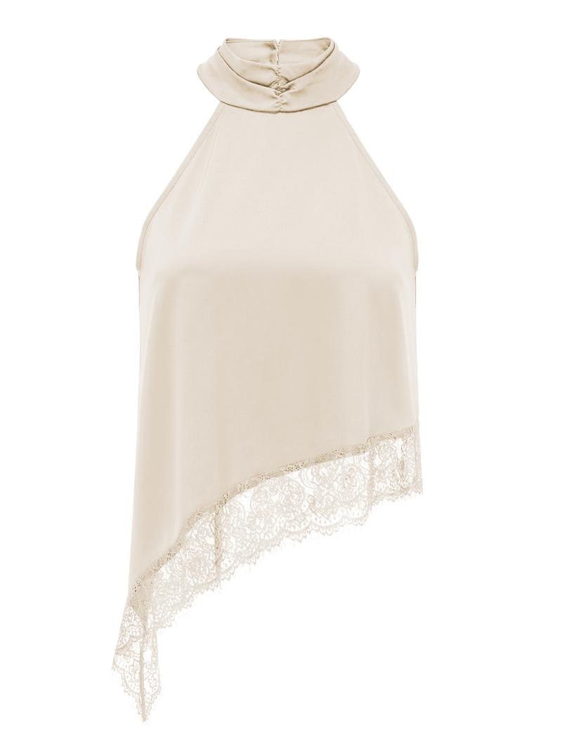 Elegant Asymmetric High Neck Satin Halter Top with Lace Trim, Sleeveless Design for Evening Parties and Formal Occasions