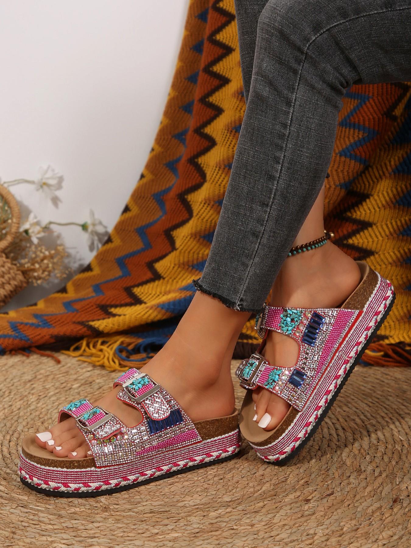 Women's Summer Fashion Thick Sole Sandals Bohemian Style Platform Slides 2026 New Trendy Rhinestone Colorful Stone Slippers O Wedge Beach Shoes Must-have for Coastal Vacation Flexible Sandals