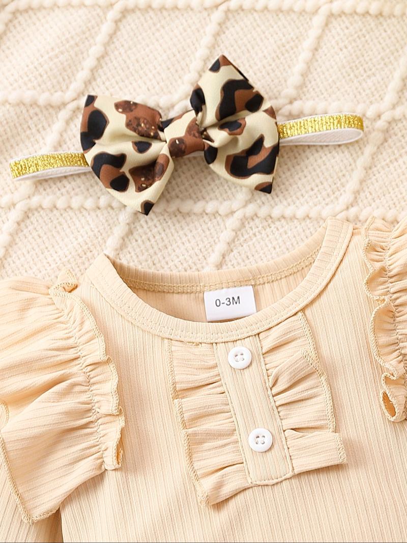 Three-piece Set Girl's Plain Ruffle Trim Bodysuit & Leopard Print Elastic Waist Pants & Hair Band Set, Casual Long Sleeve Round Neck Bodysuit & Trousers & Hair Band for Daily Wear, Kids Clothing for All Seasons, Girl Clothes, Essentials Set