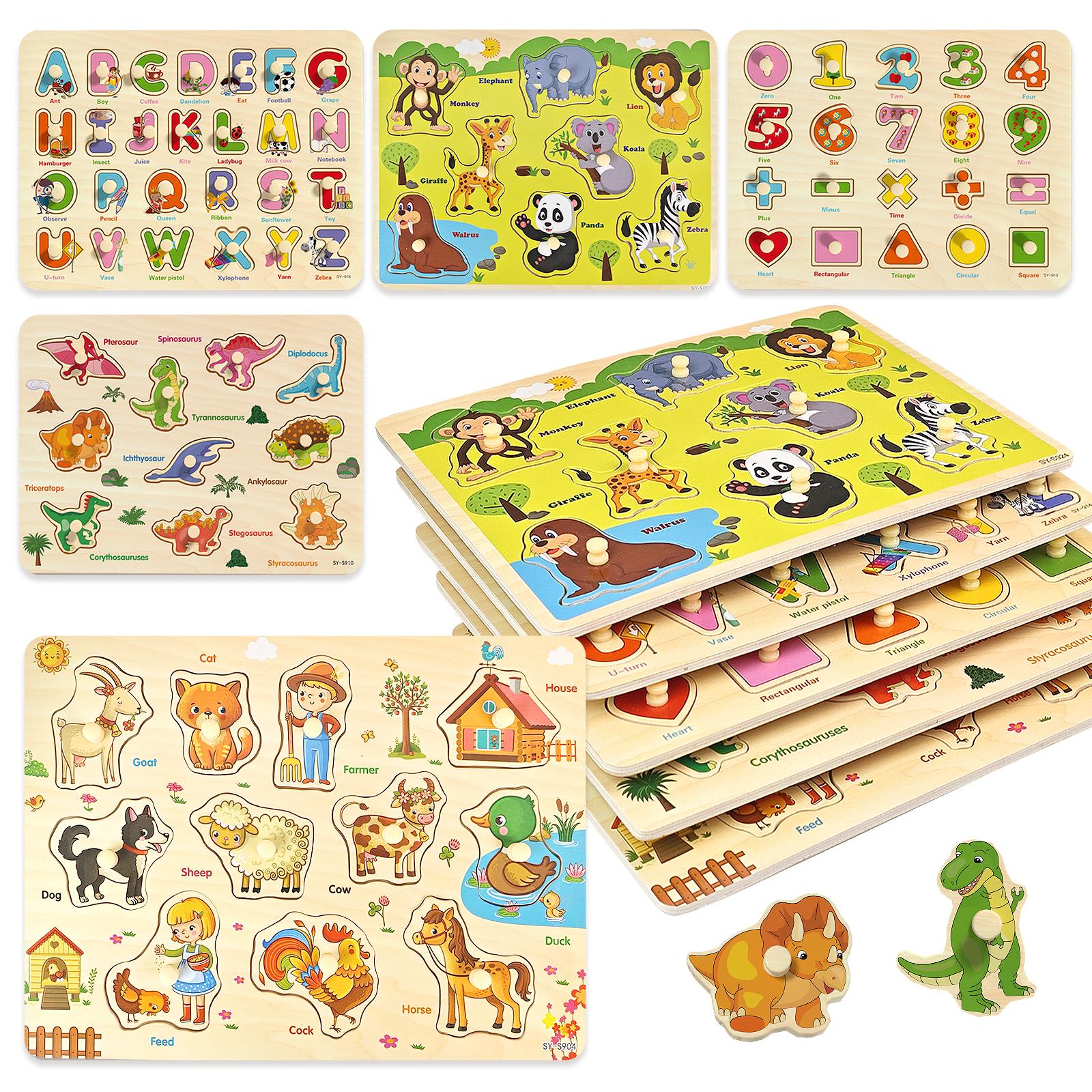 edutree 5pcs Wooden Peg Puzzles for Toddlers 1 2 3 4, 6 Pack Educational Peg Puzzles Montessori Toys, Learning Puzzles for Kids Girs Boys with Alphabet Number Animal Vehicle Shape, Halloween gift